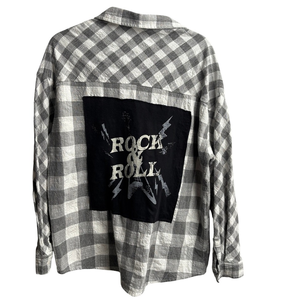 Upcycled Gray White Plaid Rock & Roll Button Up Shirt Jacket Cotton M Grunge